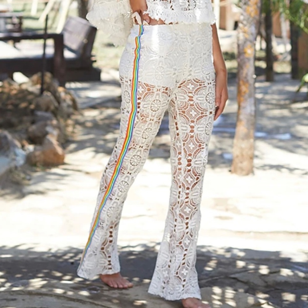 Surf Gypsy White Lace Pants with Rainbow Stripe